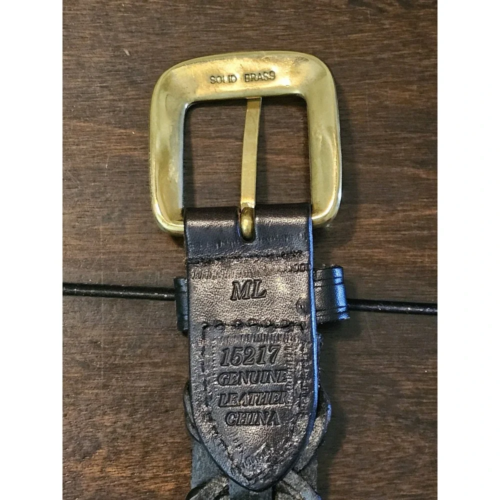 Women's Braided Leather Belt With Solid‎ Brass Buckle Black Size Medium